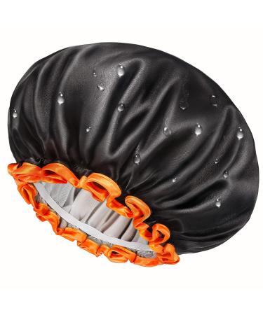mikimini Black Large Shower Cap for Women Long Hair  Double Layers Waterproof Bathing Hair Cap with Reusable Soft Comfortable PEVA Lining  Cute  Non-fading & Stretchy Shower Hat X-Large Pack of 1 XL/1PC Black+Orange