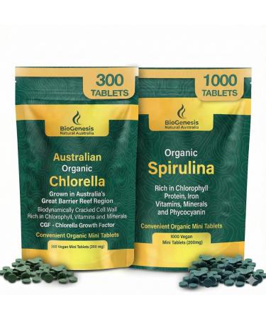 Biogenesis Organic Spirulina 1000ct + Chlorella 300ct Bundle | Australian Grown Algae Mini Tablets | High Phycocyanin & Chlorophyll Superfood | Complete Nutrition for Energy & Vitality | Vegan