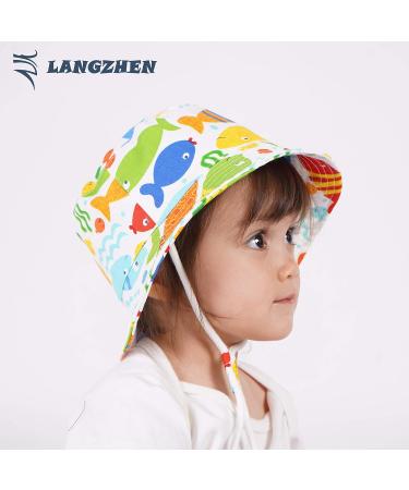 LANGZHEN Beach Sun Protection Hat for Baby Girls | Adjustable Wide Brim Summer Play Hat with Chin Strap | Colorful Fish Design | 4-8 Years - Buy Online on GoSupps.com
