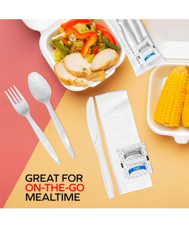 Value Plus (500 Count) 6 Piece Medium Heavy Disposable Cutlery Set White Knife Fork Spoon Napkin Salt and Pepper Sachet Individually Wrapped Cutlery Kits Bulk Plastic Cutlery Set - Buy Online on GoSupps.com