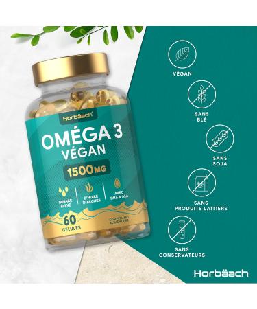 Omega 3 Vegan 1500mg | Algae Oil Derivative | Source of DHA & ALA | 60 Vegan Capsules | by Horbaach - Buy Online on GoSupps.com