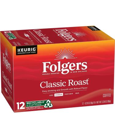 Folgers Classic Roast Medium Roast Coffee, 72 Keurig K-Cup Pods, 12 Count (Pack of 6) Classic Roast - Medium Roast 12 Count (Pack of 6)