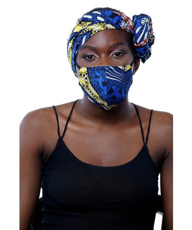 satsuma 100% Wax Cotton Women African scarf Ankara Print Extra Long Head Wrap or Face Mouth Cover | Headband Lightweight Turban Tie  Blue 4  22''x72'' (H04-519)