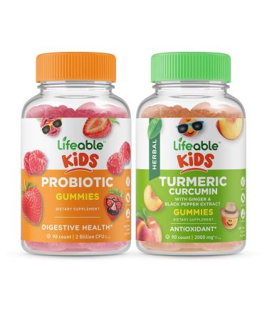 Lifeable Probiotic 2 Billion CFU Kids + Turmeric Curcumin Kids Gummies Bundle - Great Tasting Vitamin Supplement Gluten Free GMO Free Chewable Gummy