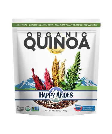 Happy Andes Tri-Color Organic Whole Grain Quinoa Non-GMO, Non Gluten, Ready to Cook Food for Oats & Seeds Recipes, Healthy Meal with Vitamins & Protein, Best Value, 3 lb
