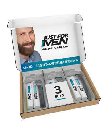 Just For Men Mustache & Beard, Beard Coloring for Gray Hair, With Biotin Aloe and Coconut Oil for Healthy Facial Hair - Light-Medium Brown, M-30 (Pack of 3, Ecomm Friendly Packaging) 3 Count (Pack of 1) Light-Medium Brown