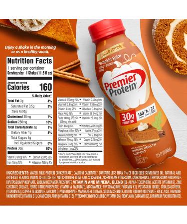 Premier Protein Shake Pumpkin Spice 12 Pack - 30g Protein, 1g Sugar, 24 Vitamins, Immune Support - 138 Fl Oz - Buy Online on GoSupps.com