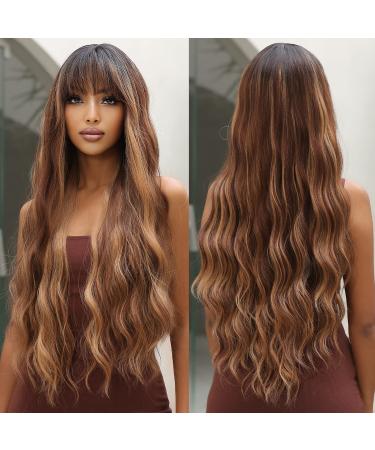 Allbell Long Wave Brown Highlight Wigs with Bangs for Women Synthetic Hair Dark Roots Brown Mixed Blonde