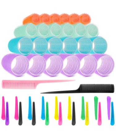 44 pieces Hair Rollers set 24 Self velcro rollers for hair and 18 randomly colored duckbill clips for fixing hairstyles and 2 combs in random colors