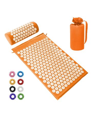 Acupress toweratte & pillow set/acupunctive mat Spike yoga mat for massage wellness relaxation and tension relaxation muscles relaxation after sport recovery - with carrying bag orange