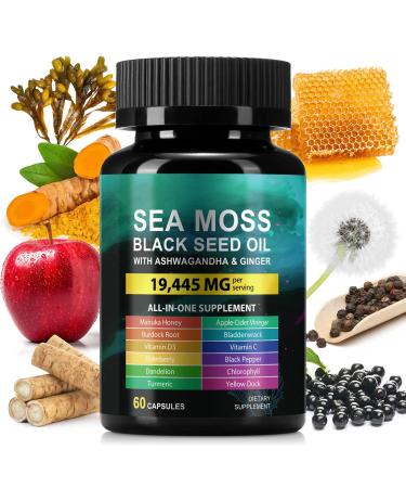 Sea Moss Black Seed Oil Ashwagandha Turmeric Bladderwrack Burdock Root Capsule with Chlorophyll Elderberry Manuka Dandelion Ginger Vitamin C Vitamin D3 Immunity & Energy Support 60 Counts 60 Count (Pack of 1)