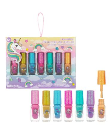Expressions 7pc Unicorn Shimmer Nail Polish Set for Girls - Glitter Cap Shimmering Manicure Set  Safe and Non-Toxic Pedicure Kit  Quick Dry Nail Polish in Assorted Vibrant Shades
