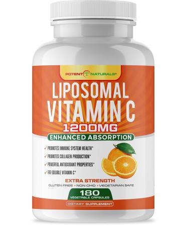 POTENT NATURALS Liposomal Vitamin C 1200mg -180 Capsules - High Absorption Ascorbic Acid - May Help Support Immune Health & Collagen Formation 180 Count (Pack of 1)