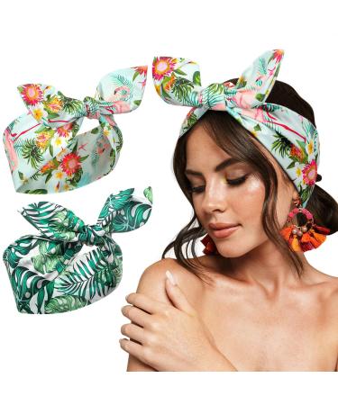 Ceenna 2 Pieces Wire Headbands for Women Rabbit Ears Twist Bow Wire Headband Boho Tropical Print Head Tie Hawaiian Gifts Knot Soft Stretchy Hawaiian Accessories for Women Girls Hair Beach