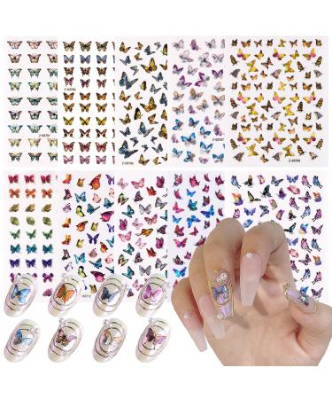 Eseres 10 Sheets Laser Butterfly Nail Stickers 3D Self-Adhesive Butterflies Nail Decals Colorful Laser Stickers for Nails Art Design