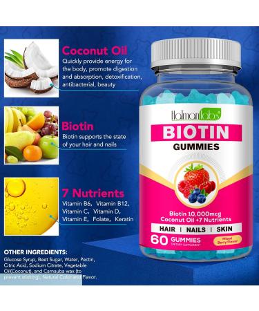Biotin Hair Growth Gummies 10,000mcg - Chewable Supplement for Healthy Skin, Hair & Nails - Vitamins for Growth and Hair Loss with Coconut Oil - 60 Count - Buy Online on GoSupps.com