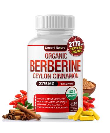 Organic Berberine with Ceylon Cinnamon 2175mg - Premium berberine supplement high purity extract USDA Organic, support immune system, Berberine Plus Complex, Non-GMO Vegan for Men Women 90 Capsules Vr1