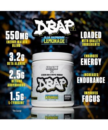 DBAP Extreme High Stim Pre-Workout Powder | 400mg Caffeine | Beta Alanine Betaine Anhydrous Electrolytes & Focus | High Stimulant Pre Workout Supplement | 20 Servings Blue Raspberry Lemonade - Buy Online on GoSupps.com