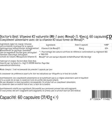 Doctor's Best Vitamin K2 MK-7 45mcg 60 Vegan Capsules | Lab Tested, Gluten Free, Soy Free, Vegetarian - Buy Online on GoSupps.com
