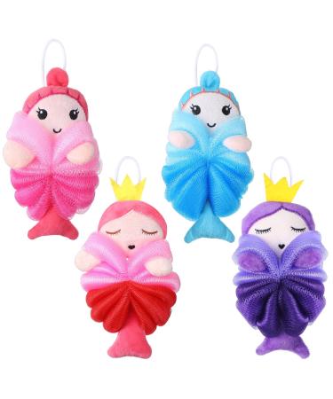 4 Pcs Mermaid Kids Loofah for Girl Boy Body Shower Cute Animal Bath Shower Sponges Toddler Baby Bath Supplies