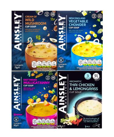 Ainsley Harriott Cup Soup 4 Box Multi Variety Pack 3 Sachets Each of Chicken & Lemongrass Mulligatawny Vegetable Chowder Wild Mushroom Instant Snack