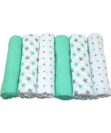 MuslinZ 6pk Baby Muslin Squares Burp Cloths - 100% Pure Soft Cotton - Mint Star Design - 70x70cm - Buy Online on GoSupps.com
