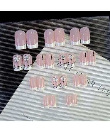 Justotry 24 Pcs Square White French Flower Press on Nails with Leaf Pattern - Medium Glossy Squoval Fake Nails for Women | Nail Glue Included - Buy Online on GoSupps.com