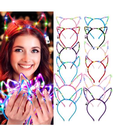 LED Cat Ears Headband,Aniwon12PCS Light Up Headband Cute Cat Ear Rabbit Ear Unicorn Headband Luminous Led Headband for Women Girls Kids Led Hair Accessories Christmas Halloween Party Supplies One Size (Pack of 12)