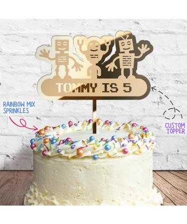Cakeshop Cake Decoration Pack | Robot Alien Birthday Premium 3mm Mirror Acrylic Plastic Cake Topper Sign & 25g Party Pack of Cake Sugar Sprinkles | Custom Name & Age Cake Decorations (Gold) Non-Prime Mirror Acrylic: Gold - Buy Online on GoSupps.com