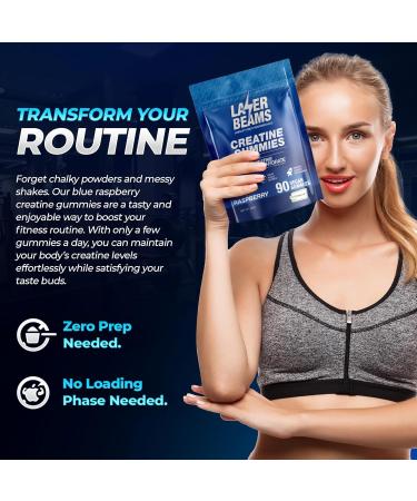 Laser Beams Creatine Monohydrate Gummies for Women & Men- 5g Creapure Creatine per Serving - Vegan, Blue Raspberry Flavor - Boost Muscle Strength, Endurance, Recovery & Mental Focus (90 Gummies) - Buy Online on GoSupps.com