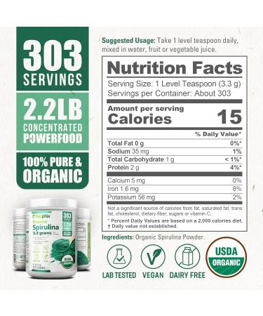 biophix Organic Spirulina Powder 2.2 Lbs 100% Pure Spirulina Blue Green Algae Powder Vegan Non GMO Non-Irradiated USDA Certified Best Protein Superfood - Buy Online on GoSupps.com