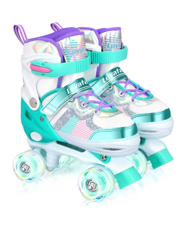 Luyata Roller Skates for Girls Boys Adjustable, 4 Size Ages 6-12 & 3-5, Kids Roller Skates with Light Up 8 Shining Wheels, 3 Color Shining Roller Skates for Toddlers Boys Girls Beginners Medium Green