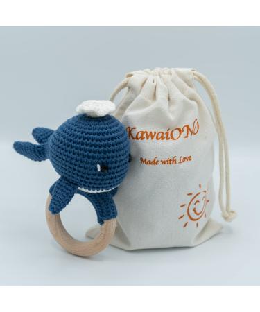 KawaiOnO Handmade Cotton Crochet Rattler for Baby  Natural Amigurumi Crochet Bunny on Natural Teething Ring Rattle  Infant Toys (Blue Whale)