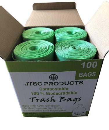 Compostable Trash Bags 100% Biodegradable Trash Bags Kitchen Trash Bags - 13 Gallon ASTM D6400 Certified by JTSC Products - 29.5in deep, 100 Count, Extra Heavy Duty 1.0 mil Thick, Organic Waste Bag 100 Count (Pack of 1)