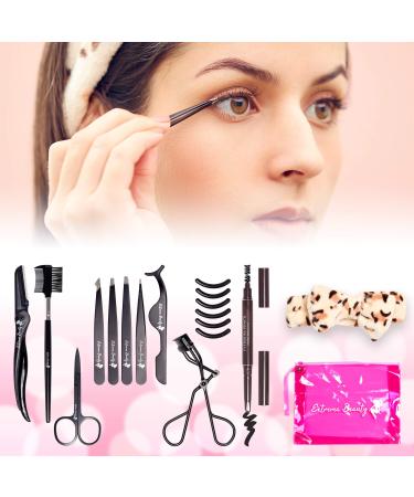 Extrema Beauty 20 in 1 Eyebrow & Eyelash Tweezers Kit  Brow & Lash Shaping Grooming Tools Comb  Trimming Care Set Bundle With a Head Band & Cosmetic Bag