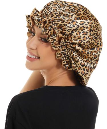 AIPAO Satin Bonnet Sleep Cap - Black Silk Bonnet for Curly Hair - Leopard Print Satin Cap for Women - Buy Online on GoSupps.com
