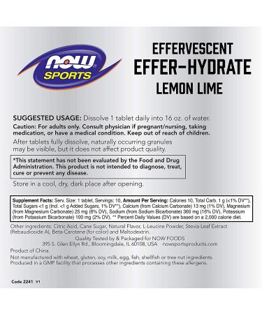 Now Foods Sports Effer-Hydrate Lemon Lime Tablets - Electrolyte Drink Mix 10 Tablets (1.8 oz) - Buy Online on GoSupps.com