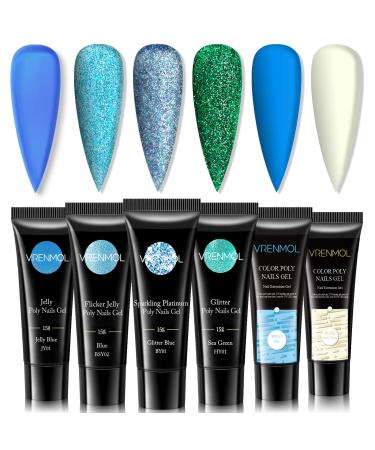 Vrenmol Poly Nail Gel Set - 6 Colors Poly Nail Extension Gel Set White Blue Glitter Nail Enhancement Gel for Nails French Manicure Starter Nail Art Gel Kit for Professional Nail Salon Home DIY Blue Green Series