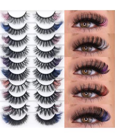 IFLOVEDEKD 10 Pairs Colored Lashes Russian Strip Lashes with Color 5 Colors 8 Styles Color Eyelashes Mix Wispy Faux Mink Lashes Fluffy Long False Eyelashes Reusable D Curl Lash Strips 5 Colors MIX