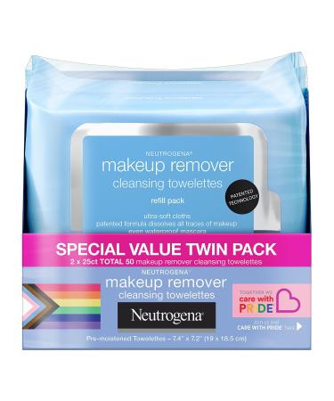 Neutrogena Makeup Remover Cleansing Face Wipes Daily Cleansing Facial Towelettes Remove Waterproof Makeup & Mascara Special 10-Year Anniversary Care with Pride Packaging 25 ct 2 Pack