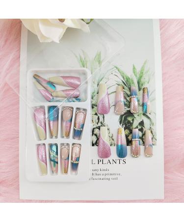 Extra Long Coffin Press on Nails - 24Pcs Full Cover Sequins & Rhinestones Acrylic Stick on Fake Nails for Women - Matte Finish with Glue - Buy Online on GoSupps.com