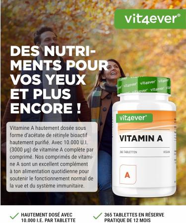 Vitamin A - 10 000 IU (3000 g) - 365 Tablets - Alternative to Capsules - High Dosed Retinyl Acetate - No Additives - Eyes Skin Immune System - Vegan - Buy Online on GoSupps.com