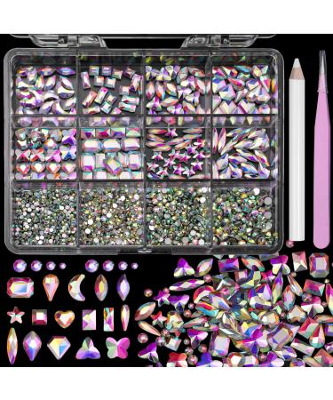 Crystal AB Colors Rhinestones for Nails Mix AB Colors K9 Glass Nail Art Rhinestones Flatback Nail Rhinestones Oval Waterdrop Arrow Rhombus Crystal Nail Gems for Nails Art Decor with Tweezer Pencil