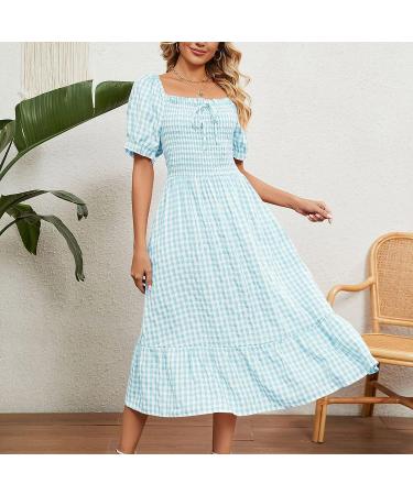 2023 Women's Casual Ruffle Sundress | Smocked Flowy Maxi Dress | Square Neck Plaid | Pink X-Large - Buy Online on GoSupps.com