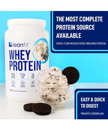 LEANFIT WHEY PROTEIN Cookies & Cream 100% Whey Protein Powder 25g Protein Per Serving Grass-Fed Gluten-Free BCAAs Amino Acid - 26 Servings 851g Tub - Buy Online on GoSupps.com