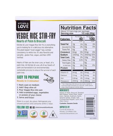 Kitchen & Love Hearts of Palm Veggie Rice Stir Fry  Low Carb  Low Calories  Plant Based  Non GMO  Gluten Free Rice Alternative  Vegan  Easy to Prepare Quick Meal 8 Oz (Pack of 3) Veggie Rice Stir Fry 3 Pack - Buy Online on GoSupps.com
