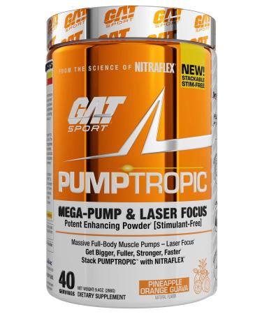 GAT Sport Pumptropic Mega-Pump & Laser Focus Potent Enhancing Powder (Stimulant-Free), 40 Servings (Pineapple Orange Guava)