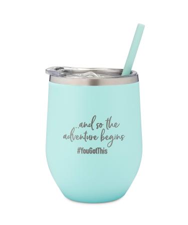 and So The Adventure Begins - Personalized Insulated Wine Tumbler with Lid  Stainless Steel Insulated Travel Mug with Straw  Graduation, Promotion, Going Away, Job Change, Teacher - Adventure Awaits Mint 12 oz