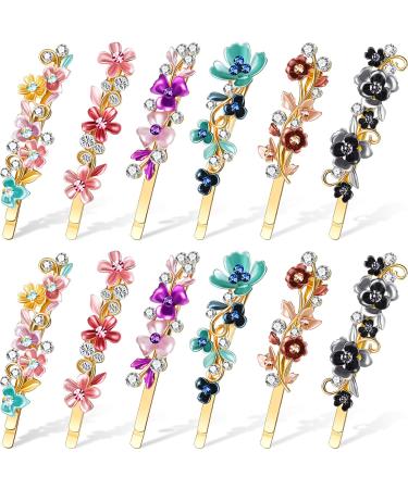 12 Pieces Vintage Flower Hair Pins Women Barrette Bobby Pins Decorative Metal Gold Tone Hairpins Colorful Floral Design Hair Clips French Rhinestone Hair Decorative Accessories for Women Girls