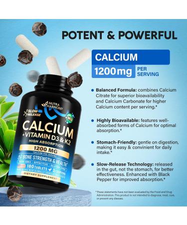 Calcium 1200 mg with Vitamin D3 - Calcium Citrate Supplements for Women & Men - Bone Health Strength & Density - High Absorption & Slow Release - Lab Tested Made in USA - 180 Tablets 60 Days Supply 180 Count (Pack of 1) - Buy Online on GoSupps.com